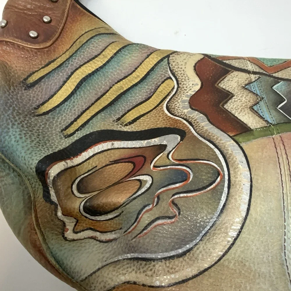 Anuschka Hand Painted Leather‎ Hobo Purse Shoulder Bag Whimsical Artsy Abstract